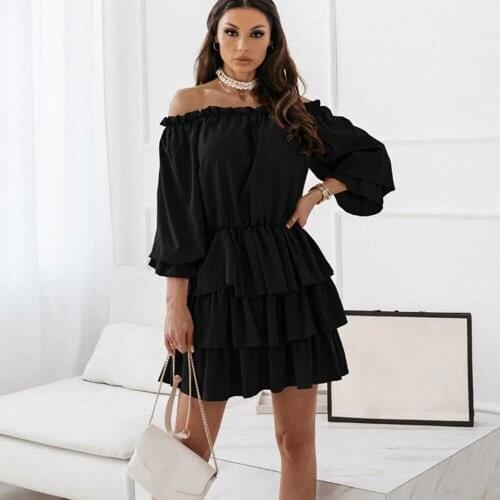 Casual Sexy Off-shoulder Mini Dress Women 2021 Autumn Long Sleeve Slash Neck Black Ruffles Dress Woman Elegant Party Dresses