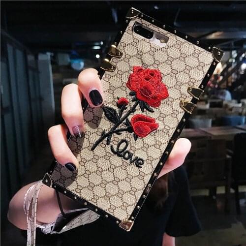 Luxury Square embroidery rose phone Case For iPhone 12 11 Pro X XR XS MAX 7 8 Plus SE lanyard cases Fashion soft silicone cover