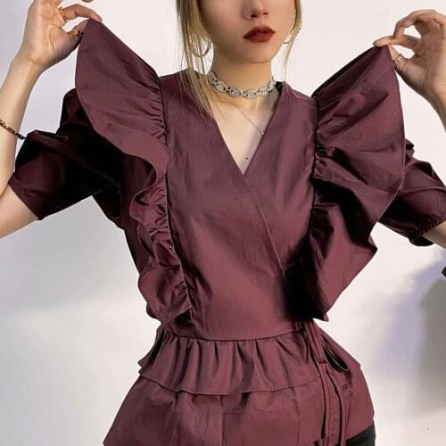 Shirt Blouse Women Chemise Blusas Mujer Camisas Blusas Elegantes Vintage Puff Sleeve Top Blusa Verano Ruffles Frenulum Summer