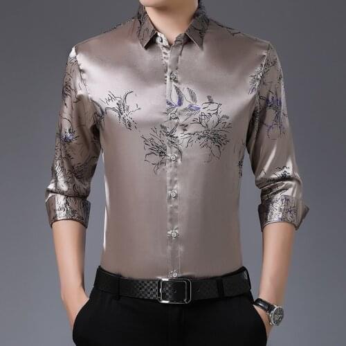 New Man Fashion Silk Clothes Long Sleeve Floral Printed Silk Shirt Male Casual Printing Soft Silk Dress Shirts Free Shipping