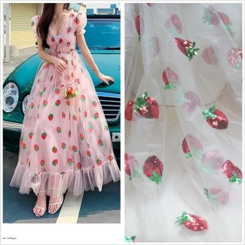Sweet Strawberry Tulle Lace Fabric Sequins Strawberry Lace Mesh Fabric For DIY Sewing Summer Tutu Dress Mini Dress Maxi Dress