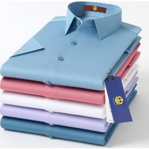 SOONERY Men Dress Shirts Solid Short-Sleeved Bamboo Fiber Single Breasted Tooling Shirt Business Casual Shirts Slim Summer