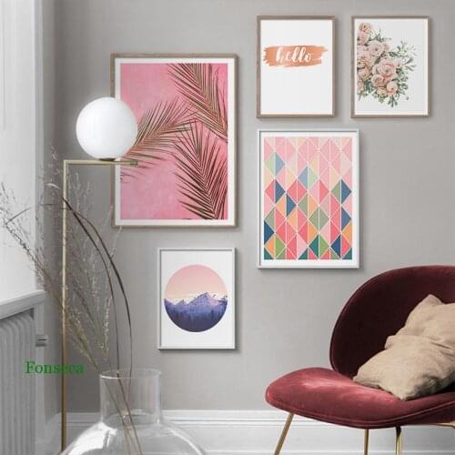 Modern Nordic Botanical Poster Palm Leaf Pink Flowers Canvas Painting Abstract Geometric Quotes Wall Art Pictures for Bedroom