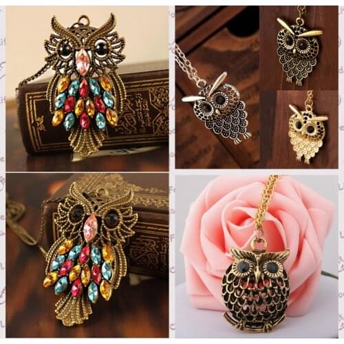 Vintage Women Owl Pendant Necklace Long Golden Antique Silver Color Bronze Charm Sweater Chain Hollow Retro Female Jewelry