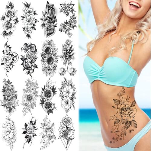 Waterproof rose flower sketch tattoo stickers black and white flowers sexy woman fake tattoo stickers body makeup waterproof