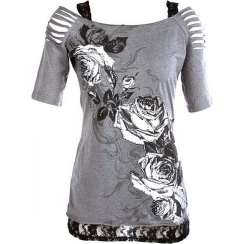 T-Shirt Fashion Shoulder Cut Punk Gothic Print Cotton Shirts Summer Goth Womens Hollow Out Hole Short Sleeve Shirts Top Shirts