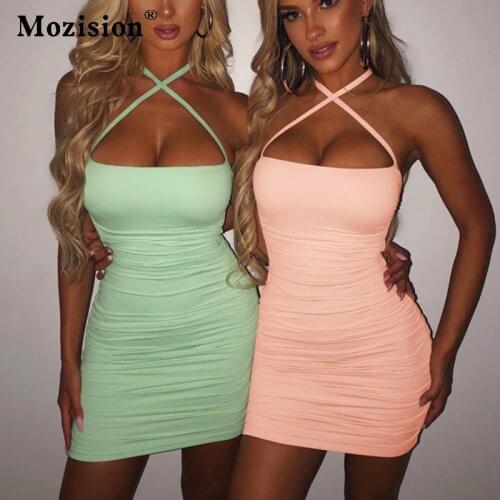 Mozision Spaghetti Halter Bodycon Mini Dress Womens Clothing Fashion Sleeveless Sexy Party Clubwear Ruched Dresses Women