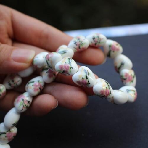20Pieces 11.6mm*12mm*8.6mm Heart Shape Ceramic Beads Pink flower with black leaf for jewelry making 3990
