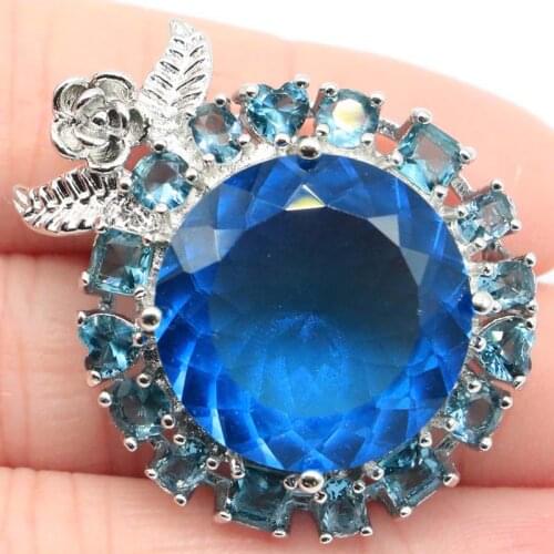 34x29mm SheCrown Big Round 20mm Gemstone London Blue Topaz Rhodolite Garnet For Ladies Bride Wedding Silver Pendant