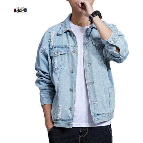 Idopy Cotton Solid Denim Jacket Mens Spring Autumn Casual Ripped Jackets Mens Hole Jean Jacket Distressed Outwear Male Cowboy