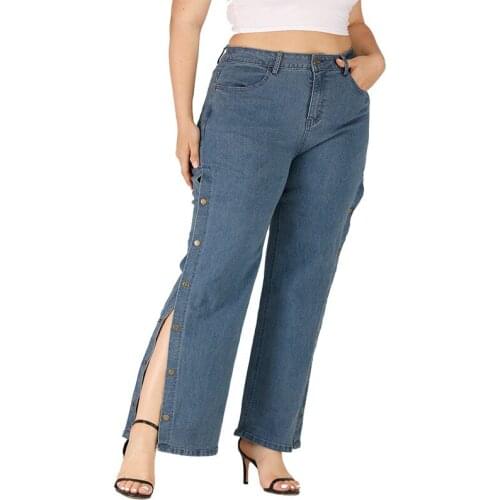 Spot Loose Big Jeans Women Summer Europe and The United States Open Fork Row Buckle Wide Legged Trousers Fat Increase Elastic
