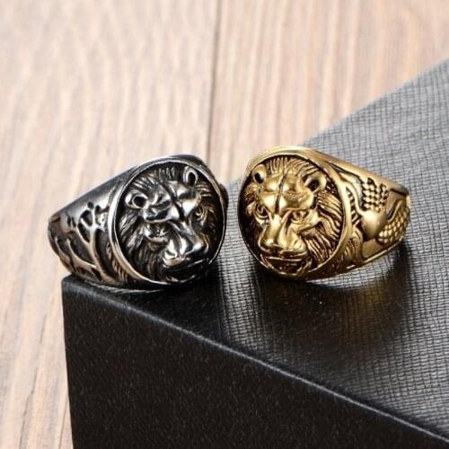 New Retro Animal Lion Pattern Ring Mens Ring Fashion Vintage Metal Gold-Plated Lion Head Ring Accessories Party Jewelry