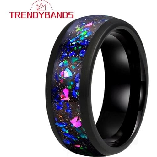 8MM Black Galaxy Opal Inlay Tungsten Rings For Men Women Domed Polished Shiny Comfort Fit Fashion Jewelry