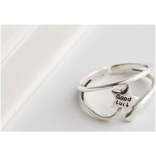Pure 925 Sterling Silver Star Shaped Finger Rings For Women Korean Statement Good Luck Lettering Double Layer Ring Fine Jewelry