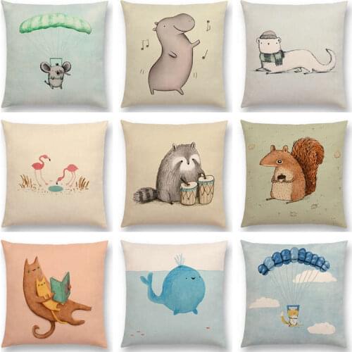 Cute Cartoon Animals Fun days Lovely Bear Hippo Elephant Whale Cat Dog Pug Flamingo Squirrel Cushion Cover Home Sofa Pillow Case