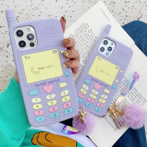 3D Cute Sweet Baby Call Cellphone Case for iPhone 12 Mini 11 Pro XS Max XR Plush Fur Pompom Pendant Key Ring Soft Silicone Cover