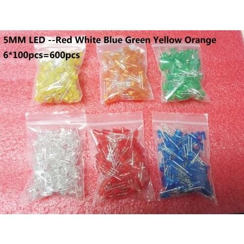 6 Colour*100pcs F5 Led Kits Red Green Yellow Blue White Orange 5MM LED Diode Kit Mixed Color kit 600pcs=6 value each 600pcs