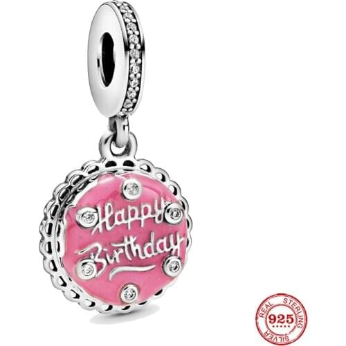 New Arrival S925 Sterling Silver Beads Pink Birthday Cake Dangle Charms fit Original Pandora Bracelets Women 925 Jewelry