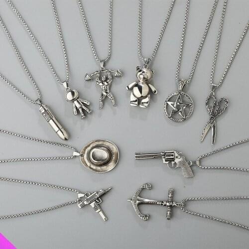 Wholesale 10 Retro European and American 3D Pendant Hip Hop Necklace Stainless Steel Clavicle Chain Couple Necklace 32 Styles