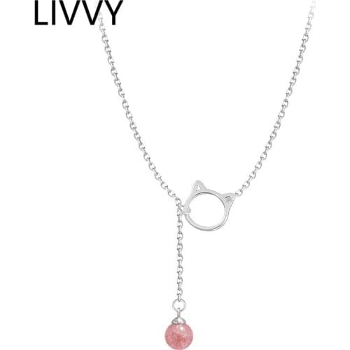 LIVVY Silver Color Necklace Shining Animal Cat Zircon Pendant Clavicle Chain Female Simple Elegant Temperament Gift