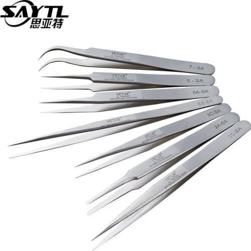 VETUS SA Series Tweezer Stainless Steel High Precision Antimagnetic Anti Acid Tweezers for Eyelash Extension Repair Tool