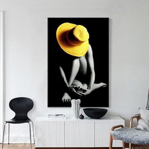 Sexy Nude Woman Poster Girl Wear Yellow Hat Canvas Wall Art Painting Modern Home Decor Picture for Gallery Interior Room