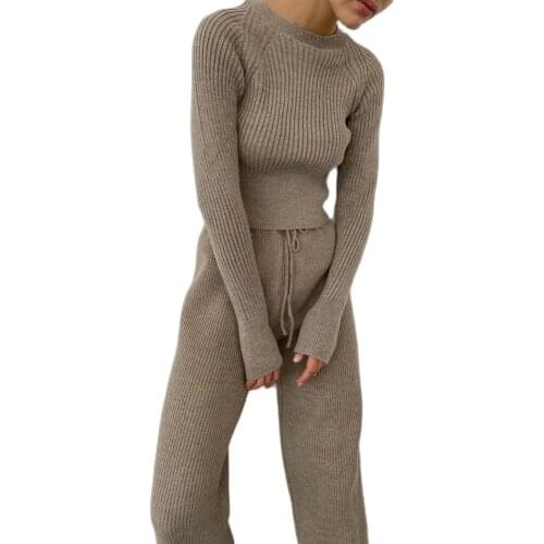 Casual knit suit waist slimming sweater wide leg pants two-piece set 2021 autumn and winter fashion womens clothing