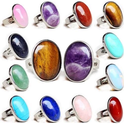 1Pcs Adjustable Ring Jewelry Gift For Women Men Natural Stone Oval Bead Crystal Quartz Onyx Red Zoisite Finger Ring