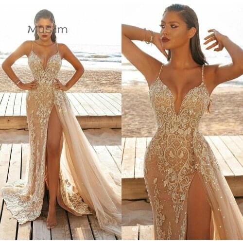 Luxury Champagne Beaded Prom Dresses With High Slit Sexy Spaghetti Straps Lace Overskirt Train Vintage Mermiad Evening Gown 2021