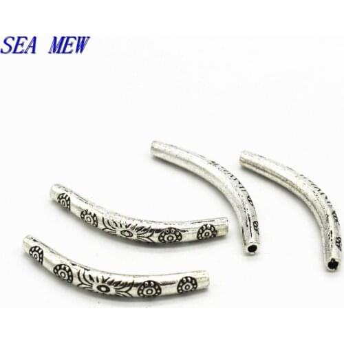 SEA MEW 20 PCS 4mm*34mm Metal Alloy Antique Silver Color Hole Beads Curved Tube Beads Spacer Beads For Jewelry Making