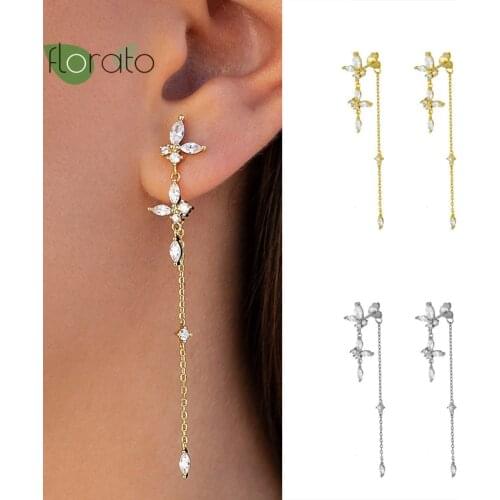 925 Silver Ear Needle Exquisite Round CZ Long Chain Pendant Prevent Allergy Stud Earrings Fashion Womens Wedding Jewelry