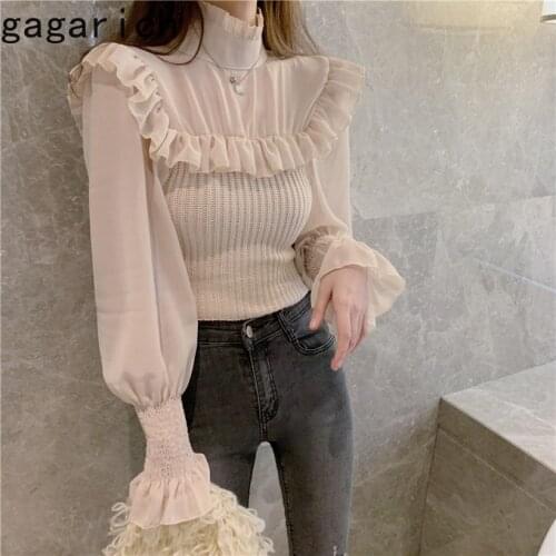 Gagarich Women Sweater 2020 Winter Autumn French Sweet Temperament Female Mesh Stitching Frill Design Solid Color Pullovers
