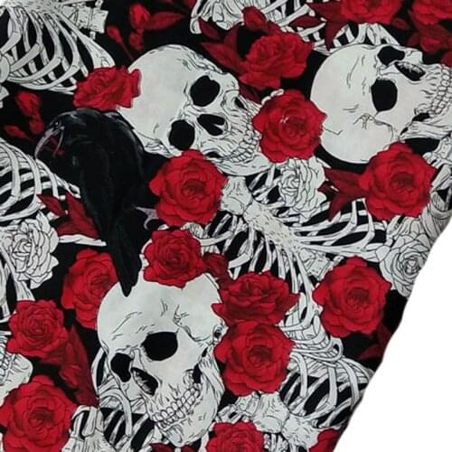 Viaphil 100% Cotton Fabric Red Rose Flower Skull Skeleton Printed Fabric Skull Ptachwork DIY Sewing Sewing Cloth Dress Clothing