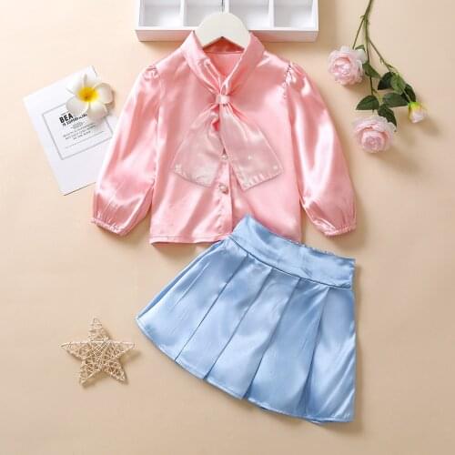 Baby Girl Tops Skirt Suit Long Sleeve Lapel Neck Bow knot Blouse Ruffle A-Line Half Dress