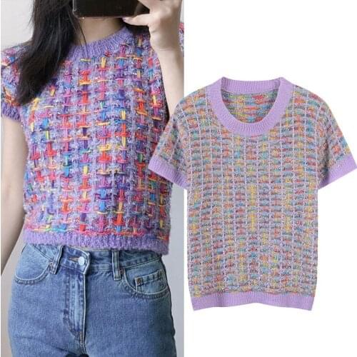 2020 spring summer women designer rainbow knitted sweaters elegant o-neck crocheted short sleeve knitting top JC474