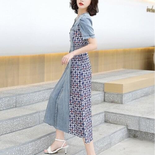 Vintage Floral Printed Denim Dress Women Summer Short Sleeve Elegant Long Dresses Harajuku Female V Neck Single Breasted Dress