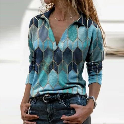 2020 Womens Shirt New Fashion Autumn Retro Loose Deep V-Neck Blouse Patchwork Retro Printing Long-Sleeved Shirt Ladies Blous
