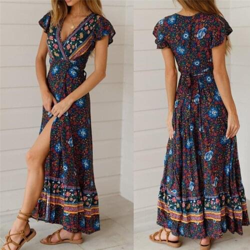 Womens Dresses Summer Women Boho Floral Long Maxi Dresses Casual Sundress Evening Party Clothes Flower Print V Neck Beach Dress