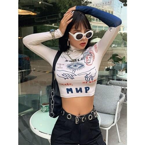 Macheda Popular Women pullover Printed tight-fitting Half a turtleneck thin Reflective Long Sleeve Harajuku Girl Top sweatshir