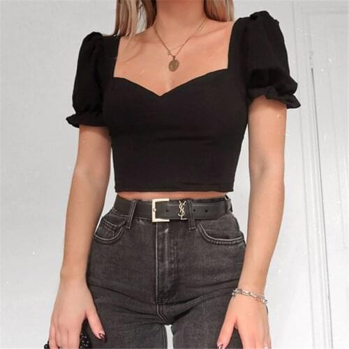 2021 Summer Women Sexy Solid Color Camisole Short Top Puff Sleeve Trend Retro Palace Style Square Neck Short Sleeve Top