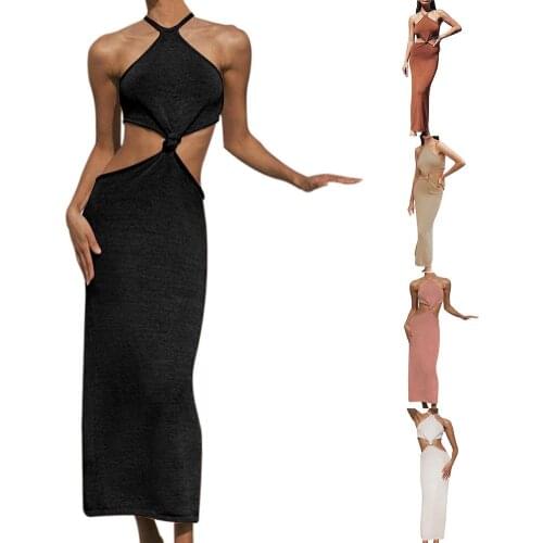 Summer Knitted Sexy Bodycon Mini Dress Women Sleeveless Halter Backless Casual Tight Off Shoulder Elegant long Dress