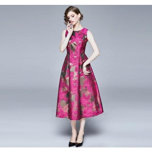 2021 New Summer Sleeveless Jacquard Long Pleated Dress Women O-neck Fashion Ladies Runway Elegant Party Dresses Vestidos Dresses