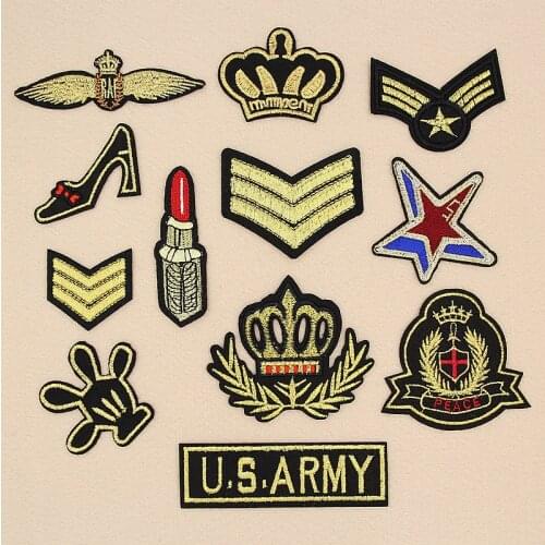 PGY Golden Embroidered Patches for Clothing Iron On Army Badges DIY Custom Patch Lipstick Crown Stars Appliques Coat Bag Sticker