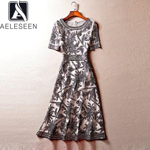 AELESEEN Oversize Summer Dress Women 2021 Runway Fashion Short Sleeve Flower Embroidery Sequined Slim Party Elegant Dress