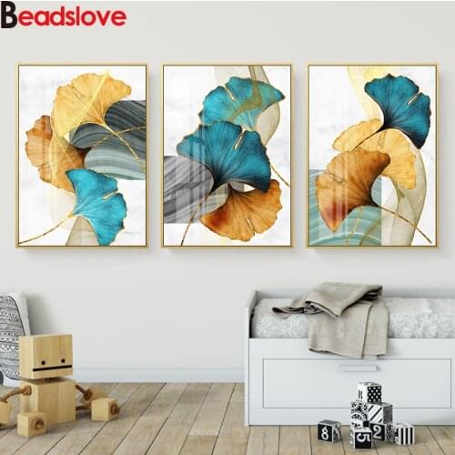 Diamond painting Blue Green Yellow Gold Plant Leaf Abstract diamond embroidery full square round drill puzzles gifts 3 pcs decor