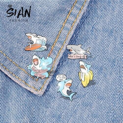 SIAN Kawaii Cartoon Shark Banana Surfing Banner Brooch Backpack Clothes Collar Pin Epoxy Resin Animal Jewelry Gift Accessories