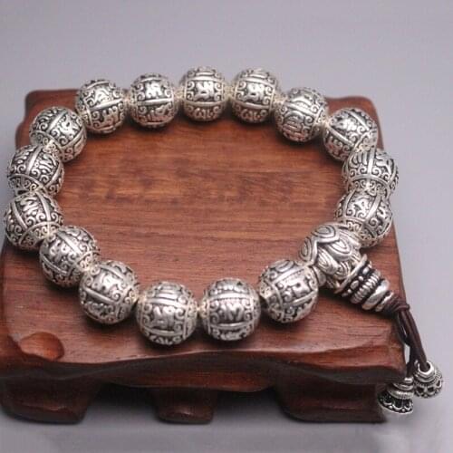 S925 Sterling Silver Bracelet Women Men Luck Bless Six-word Motto Round Beads Link Bracelet 12mmW 73-76g 7inches