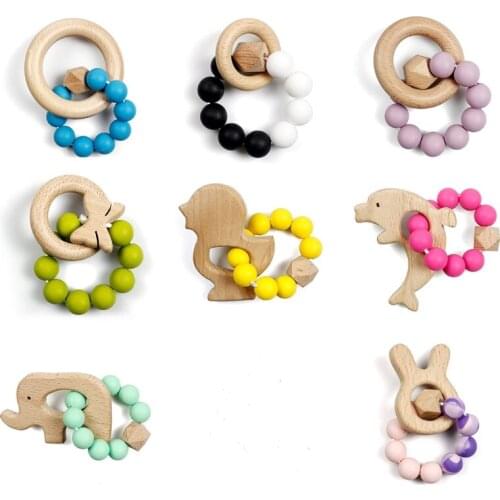Baby Silicone Beads Teether Wooden Ring Bracelet Creative cartoon Teething Toys Chewing Nursing Soother Molar for Newborn Infant