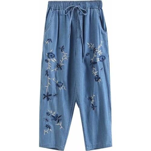 Embroidery harem denim pants blue Jeans loose palazzo pants elastic waist casual summer wide leg pants spring