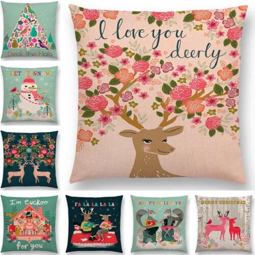 Hot Sale Merry Christmas Colorful Tree Love Deer Birds Flowers Holiday Bell Snowman Squirrels Cushion Cover Sofa Pillow Case